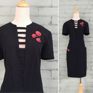 Louis Feraud Black Short Sleeve Shift Dress with Red Cherry Accents